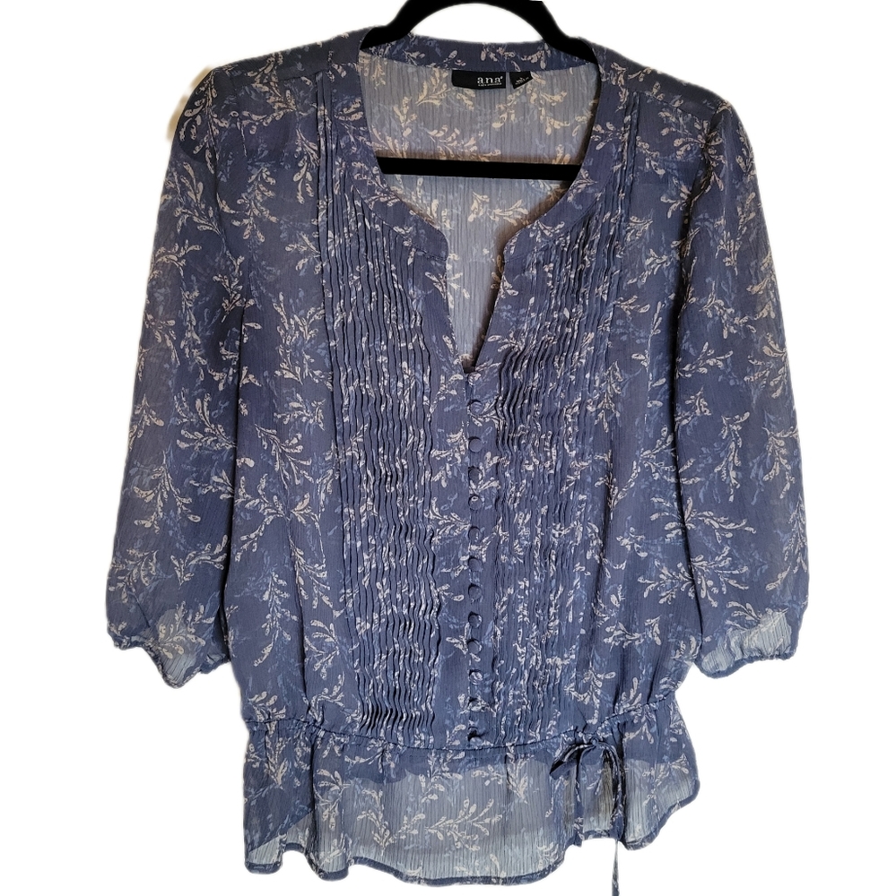 A.n.a. Blue Gray L Pleated Front  Semi Sheer V neck